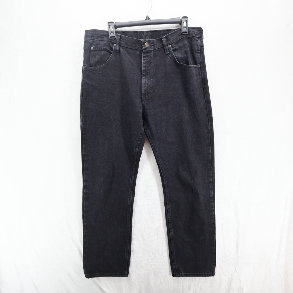 Wrangler Premium Quality Mens Black Denim Jeans Straight Leg Faded 35x30